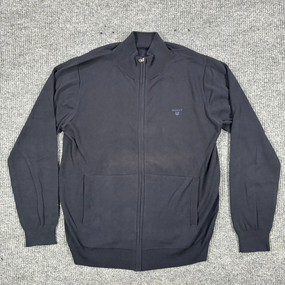 GANT Full Zip Sweater Jacket Mens XL Navy Premium Cotton Knit Mock Neck